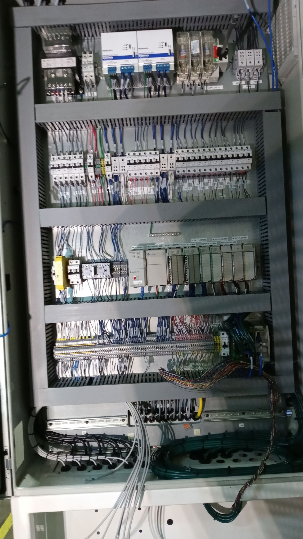 Control panel with circuit protection, PLC, and wire duct