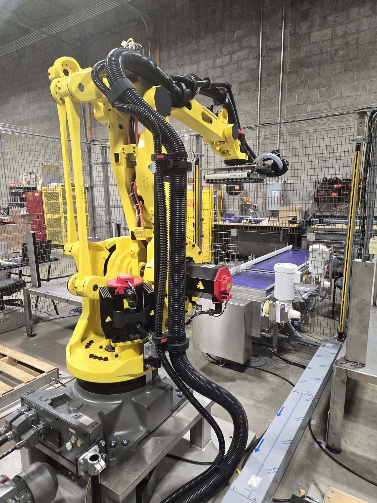 FANUC robot arm handling material over a conveyor