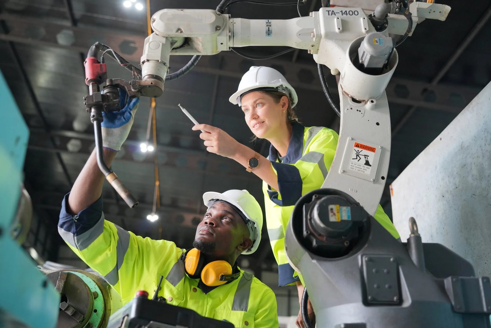 Brew City Robotics technicians servicing a welding robot