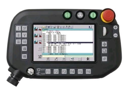 FANUC teach pendant showing a program listing